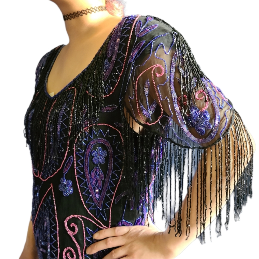 70s 80s Vintage Silk Dress with Beading 1920s Flapper Dress Inspired